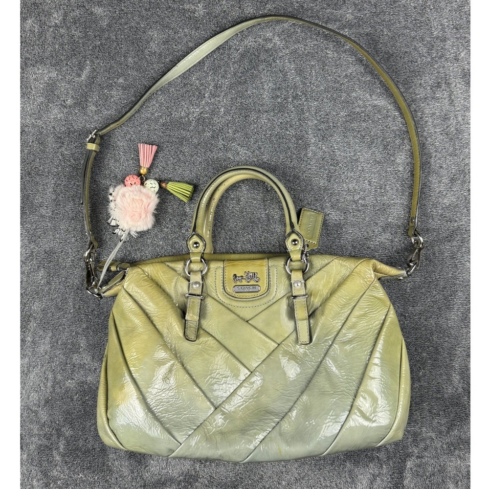 Coach Madison Chevron Lime Green Patent Leather Satchel Bag F21304 Silver HW
